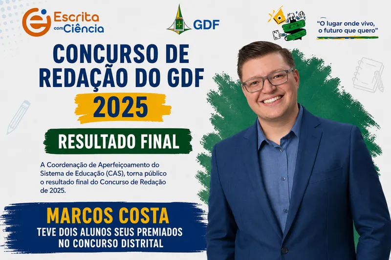 Arte do resultado final do Concurso de Redação do GDF 2025, com foto de Marcos Costa