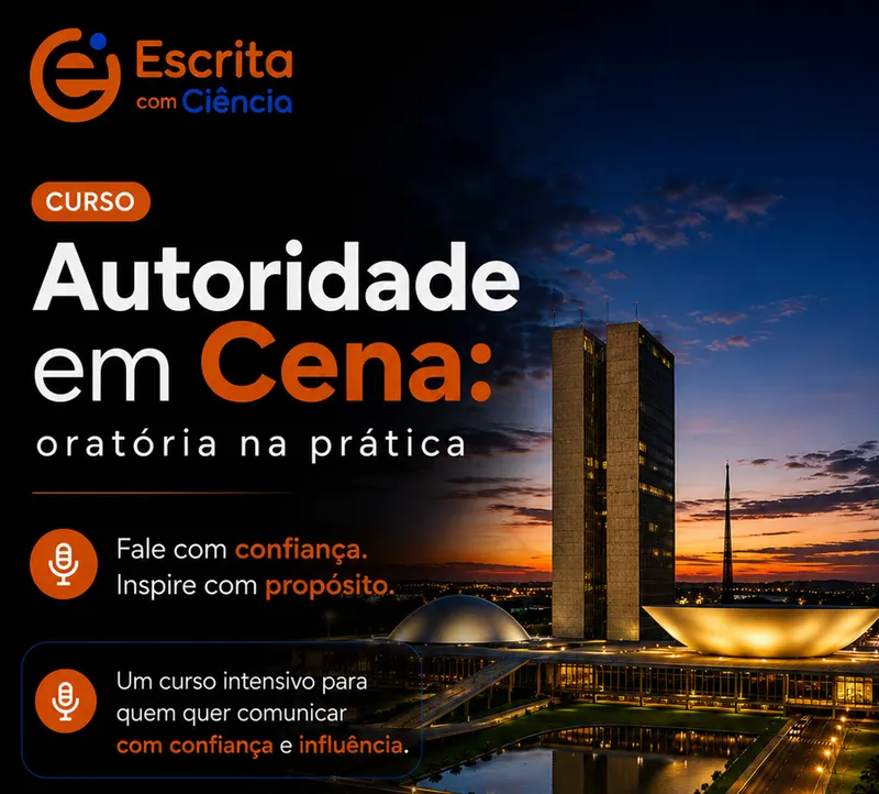 Arte do curso Autoridade em Cena, oratória na prática, com o Congresso Nacional ao fundo
