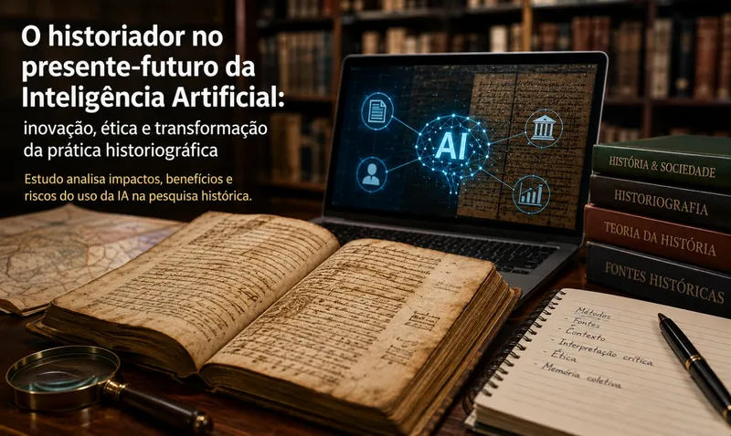 Ilustração de um livro antigo aberto ao lado de um notebook, capa do artigo sobre o historiador e a inteligência artificial